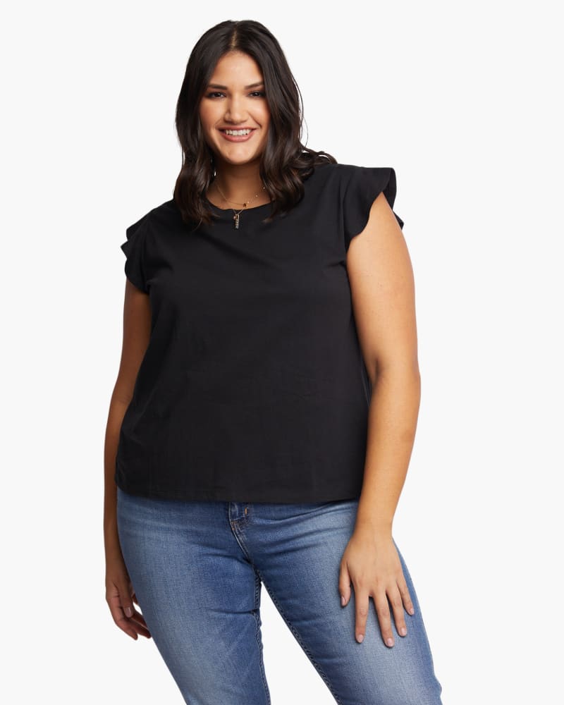 Front of a model wearing a size XXL` Toni Ruffle Tank in Black by Black. | dia_product_style_image_id:294623